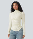 Mock-neck Long Sleeve Ruched Asymmetric Hem Thermal Casual Top - Lily White