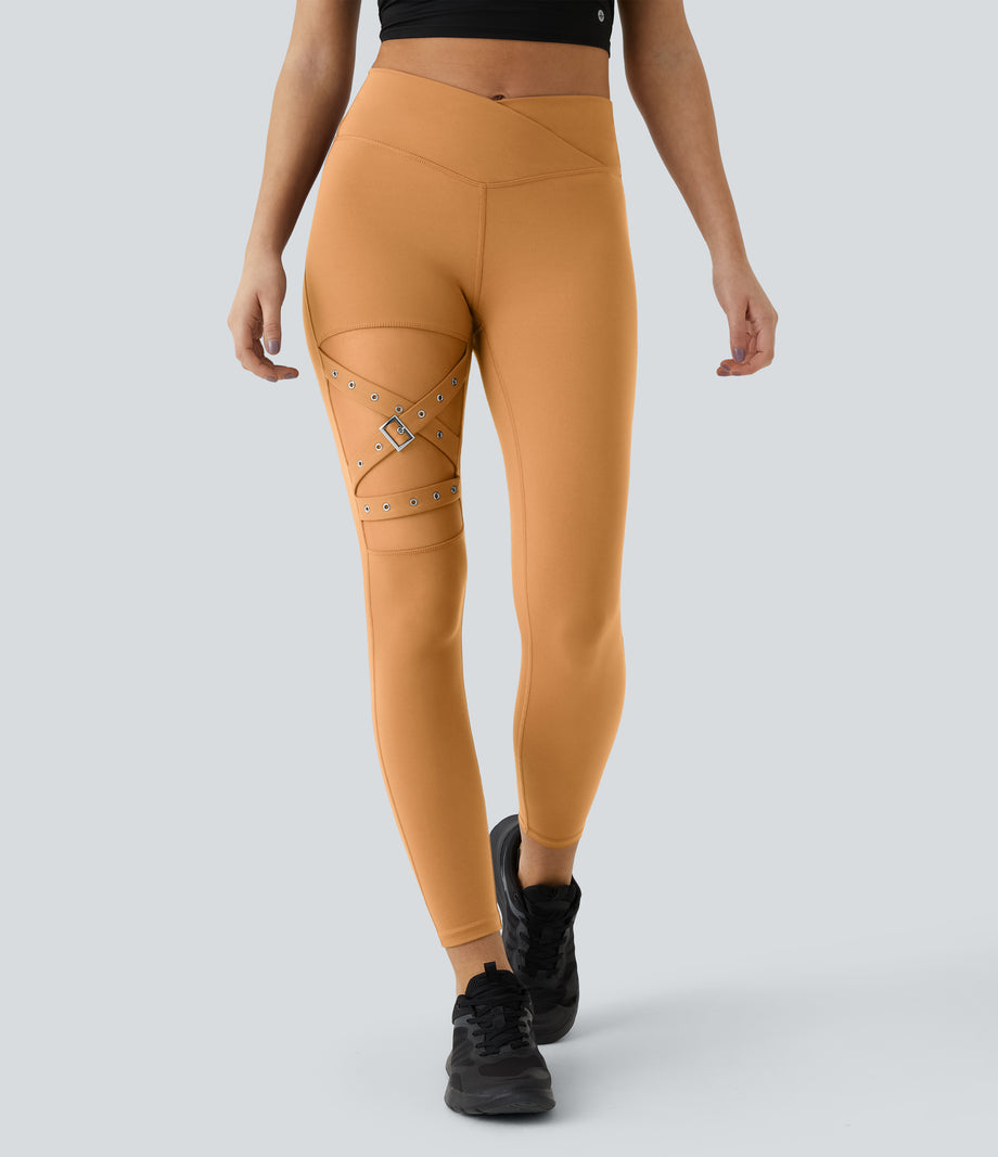 DayStretch High Waisted Crossover Contrast Mesh Decorative Buckle Yoga Leggings - Buckskin