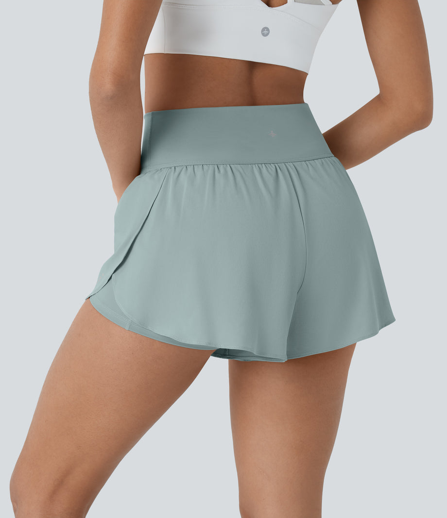 SoftlyZero™ QuickDry High Waisted Tummy Control Reflective Dots Crossover Hem 2-in-1 Running Shorts 3'' with Pockets - Ether