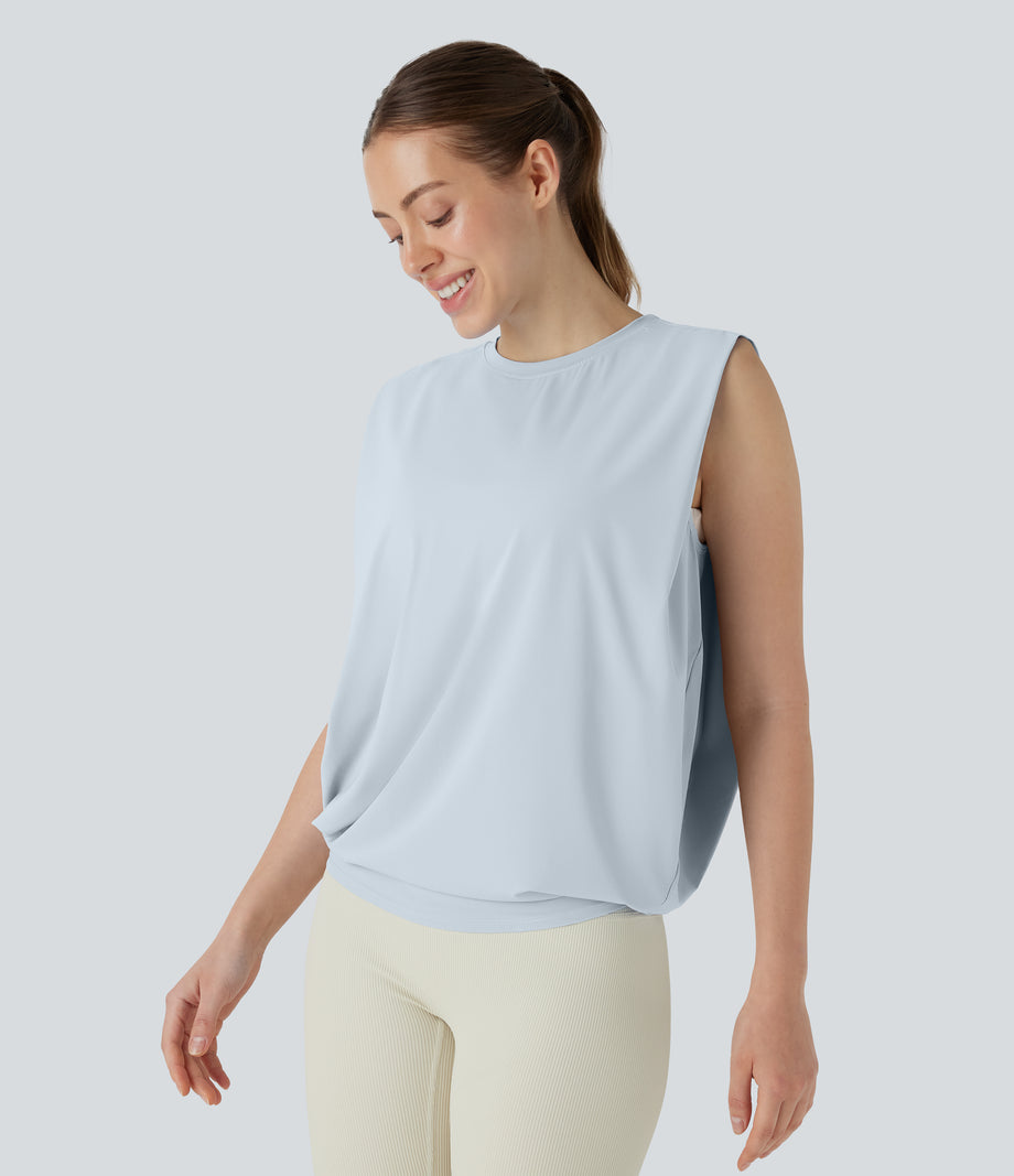 Round Neck Ruched Cool Touch Yoga Tank Top-UPF50+ - Illusion Blue