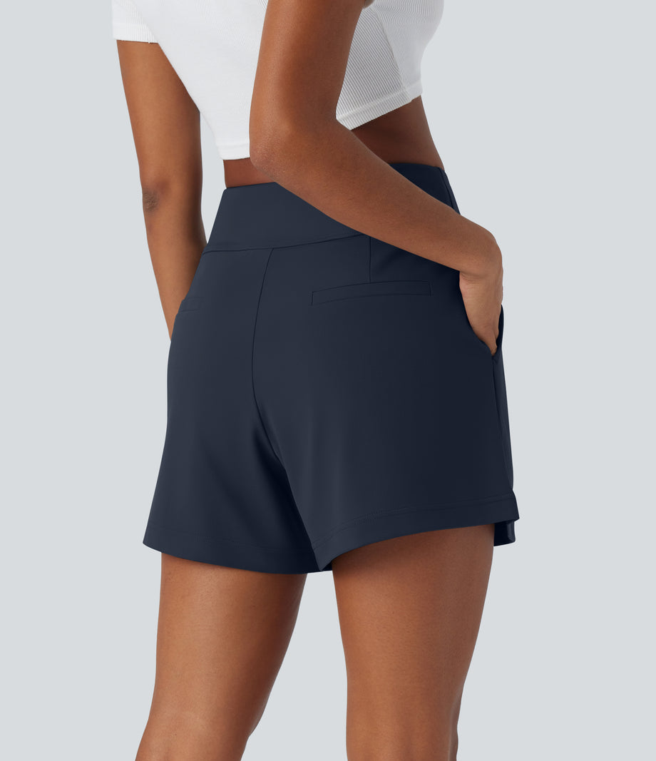 DayStretch High Waisted Work Baggy Shorts 4'' with Pockets - Midnight Blue