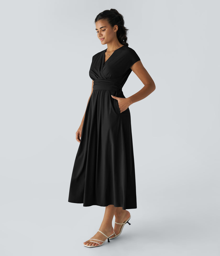 Breezeful™ V Neck Short Sleeve Pocket Tie Back Quick Dry Midi Casual Dress-Longer Length - Black