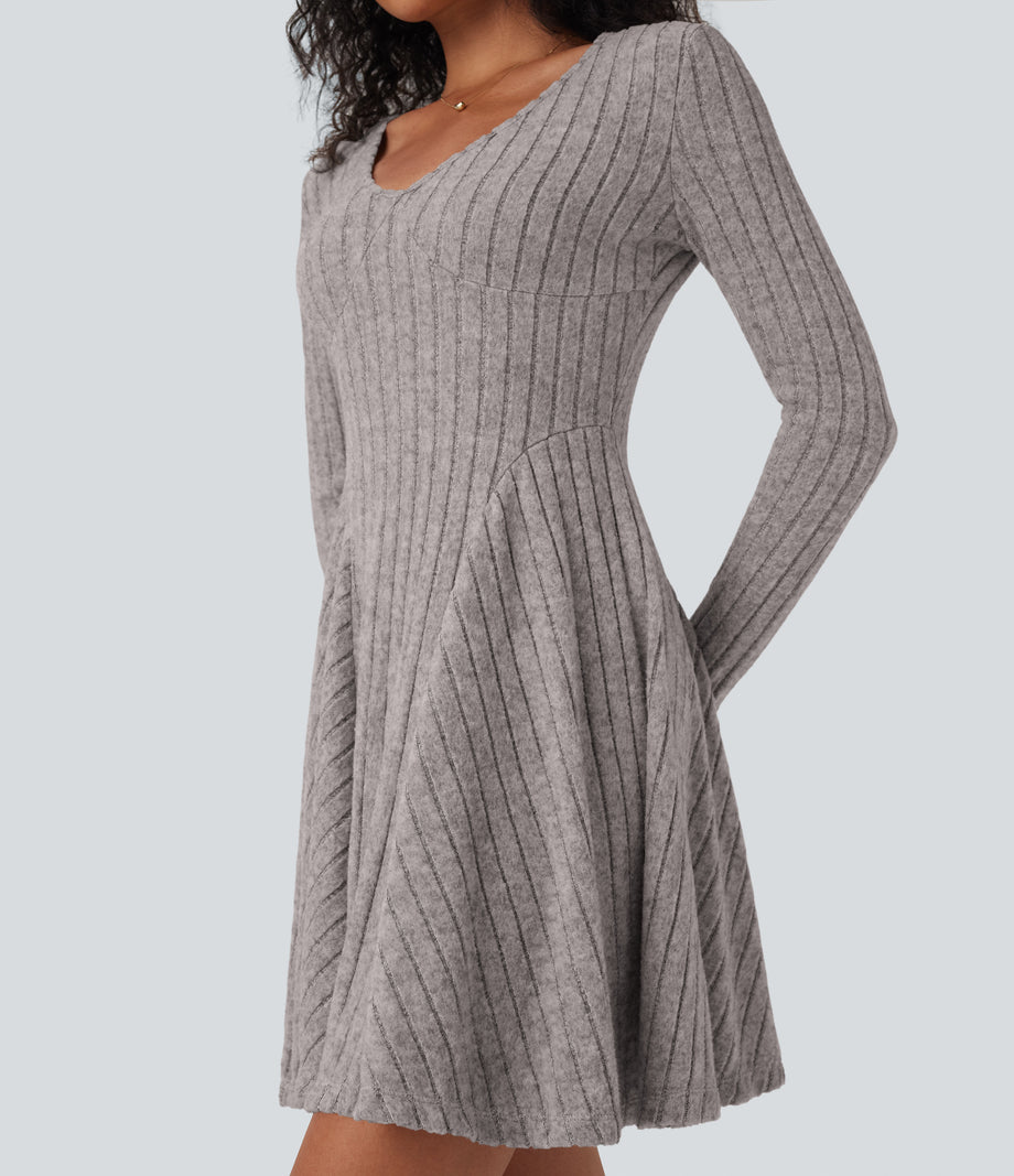 Ribbed Knit V Neck Long Sleeve Flare Mini Casual Dress with Pockets - Light Pink Floral Yarn