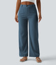 High Waisted Straight Leg Casual Linen-Feel Pants with Pockets - Morning Mist Blue 