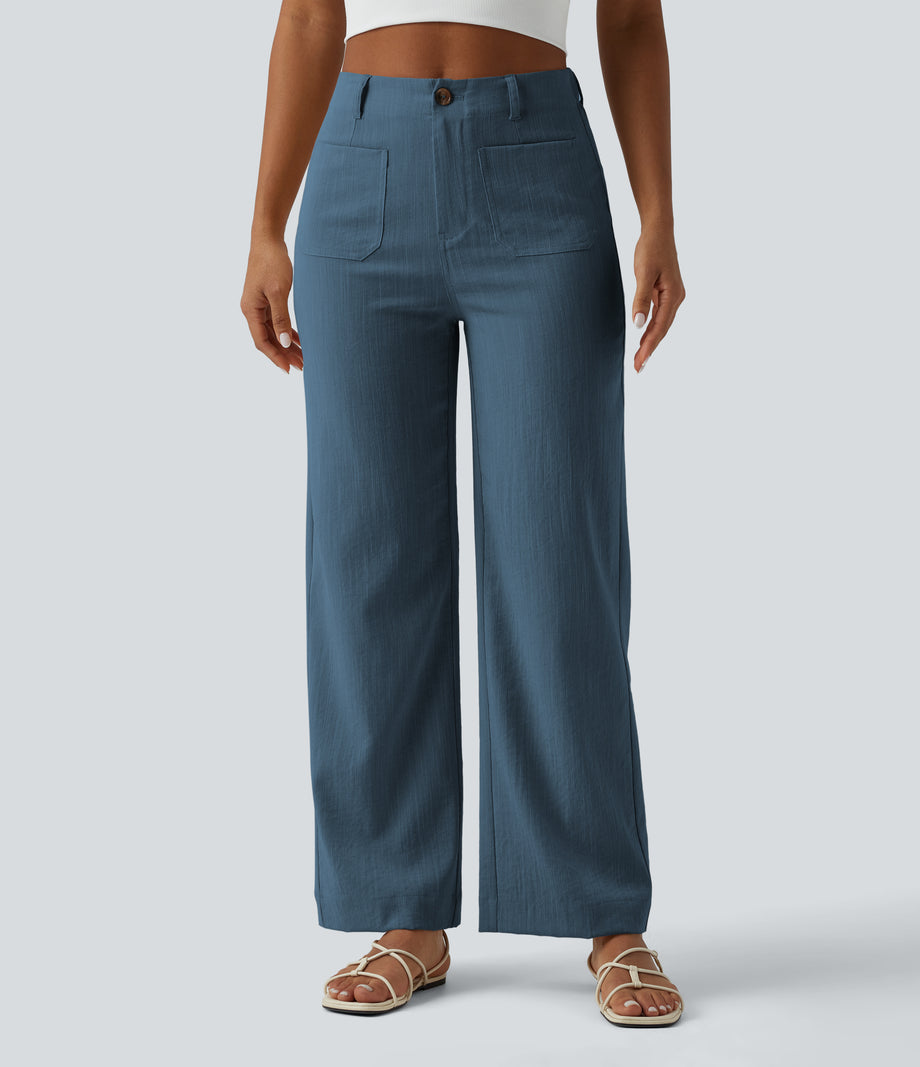 High Waisted Straight Leg Casual Linen-Feel Pants with Pockets - Morning Mist Blue 