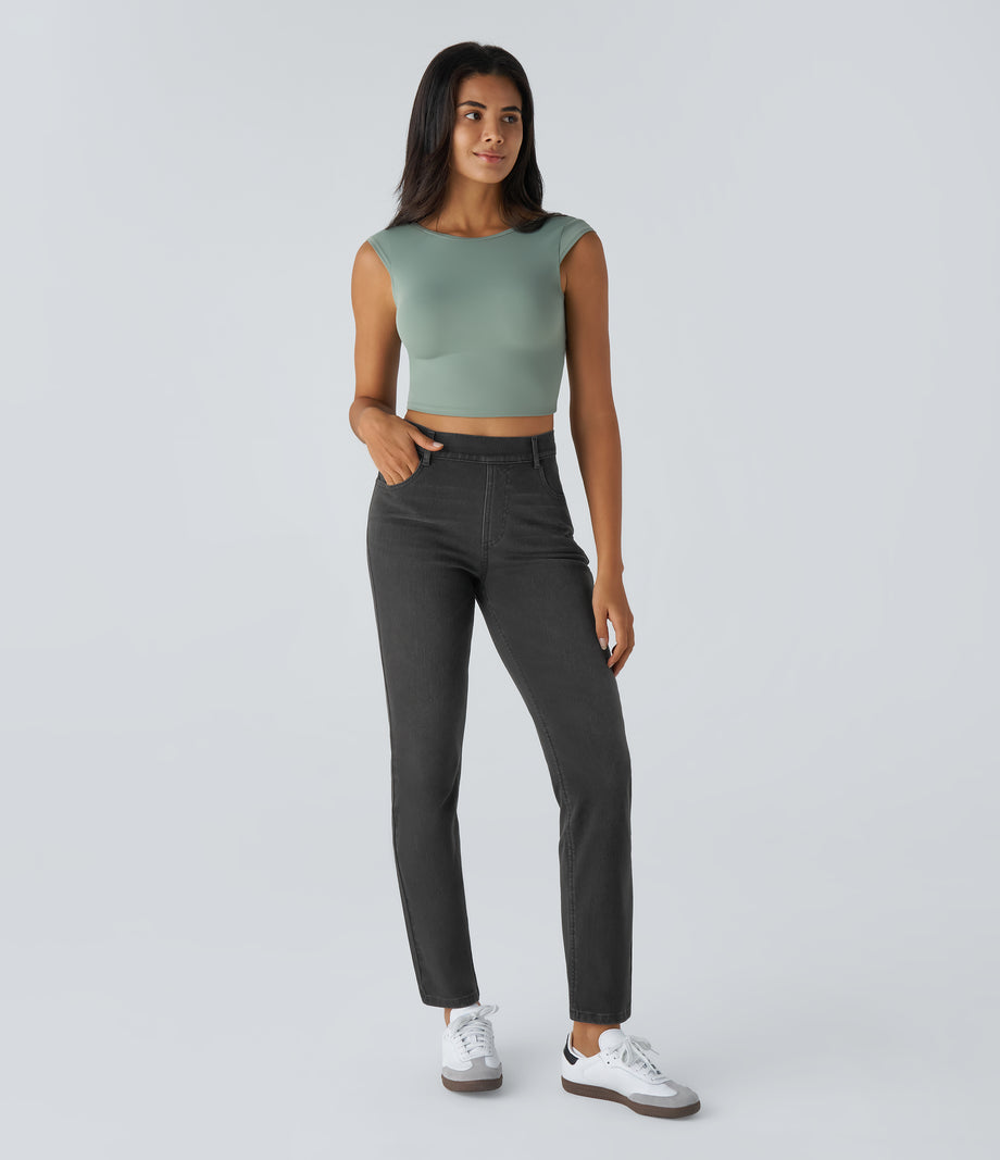 Halara Flex™ High Waisted Pockets Straight Leg Washed Casual Jeans - Deep Ink Black Denim