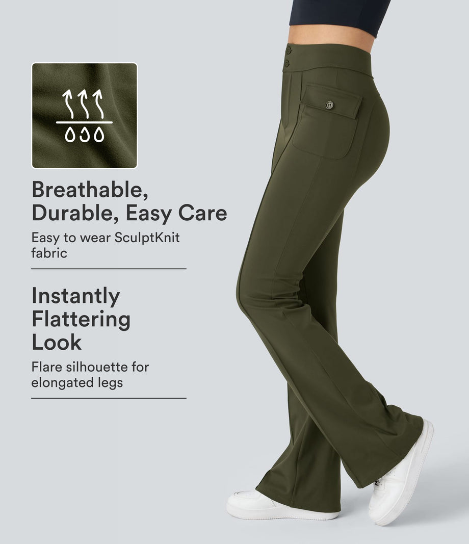 High Waisted Side Flap Pocket Flare Casual Cargo Pants - Forest Night