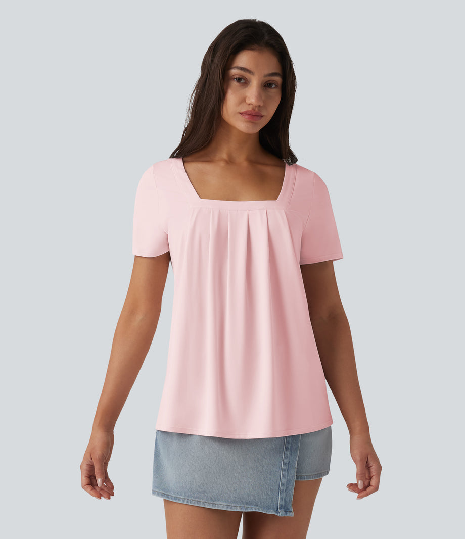 Square Neck Short Sleeve Casual Top - Primrose Pink