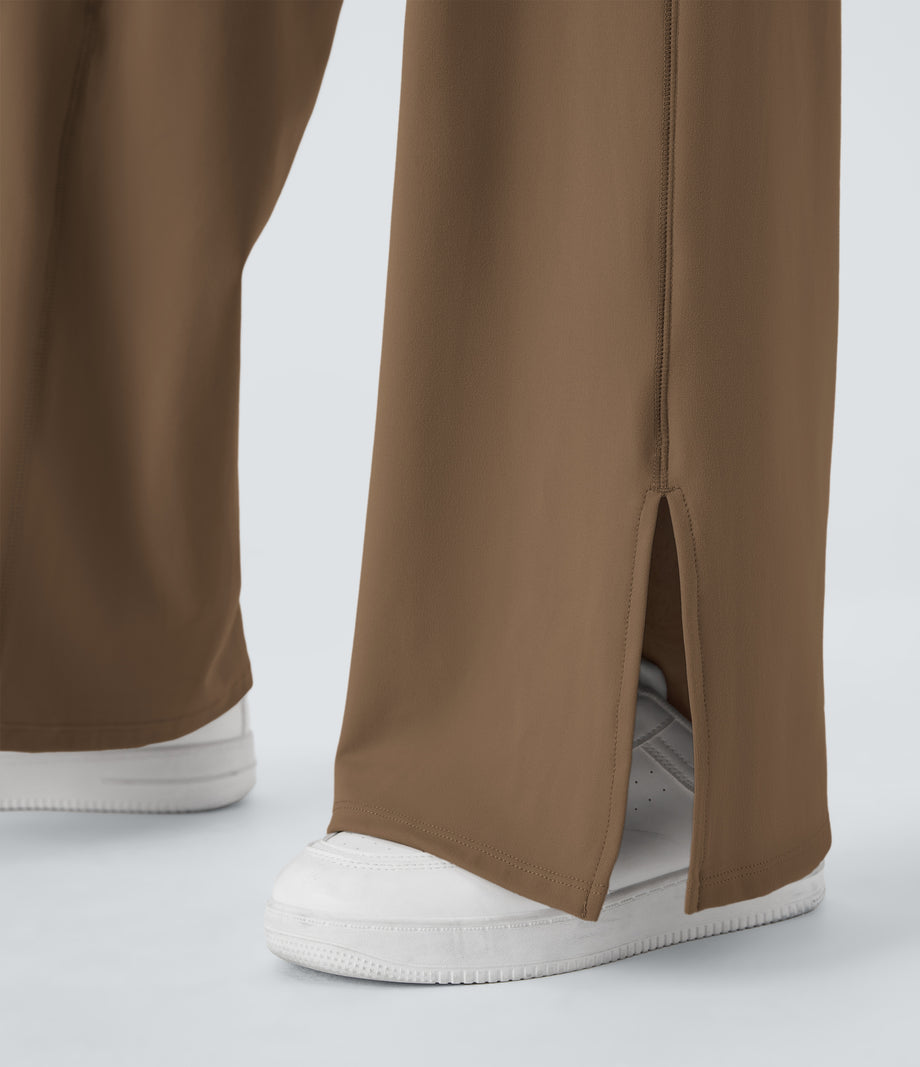 DayStretch Crossover Pocket Hem Wide Leg Yoga Pants-Smile - Sepia