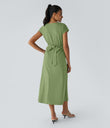 Breezeful™ V Neck Short Sleeve Pocket Tie Back Quick Dry Midi Casual Dress-Longer Length - Hot Wasabi - Green