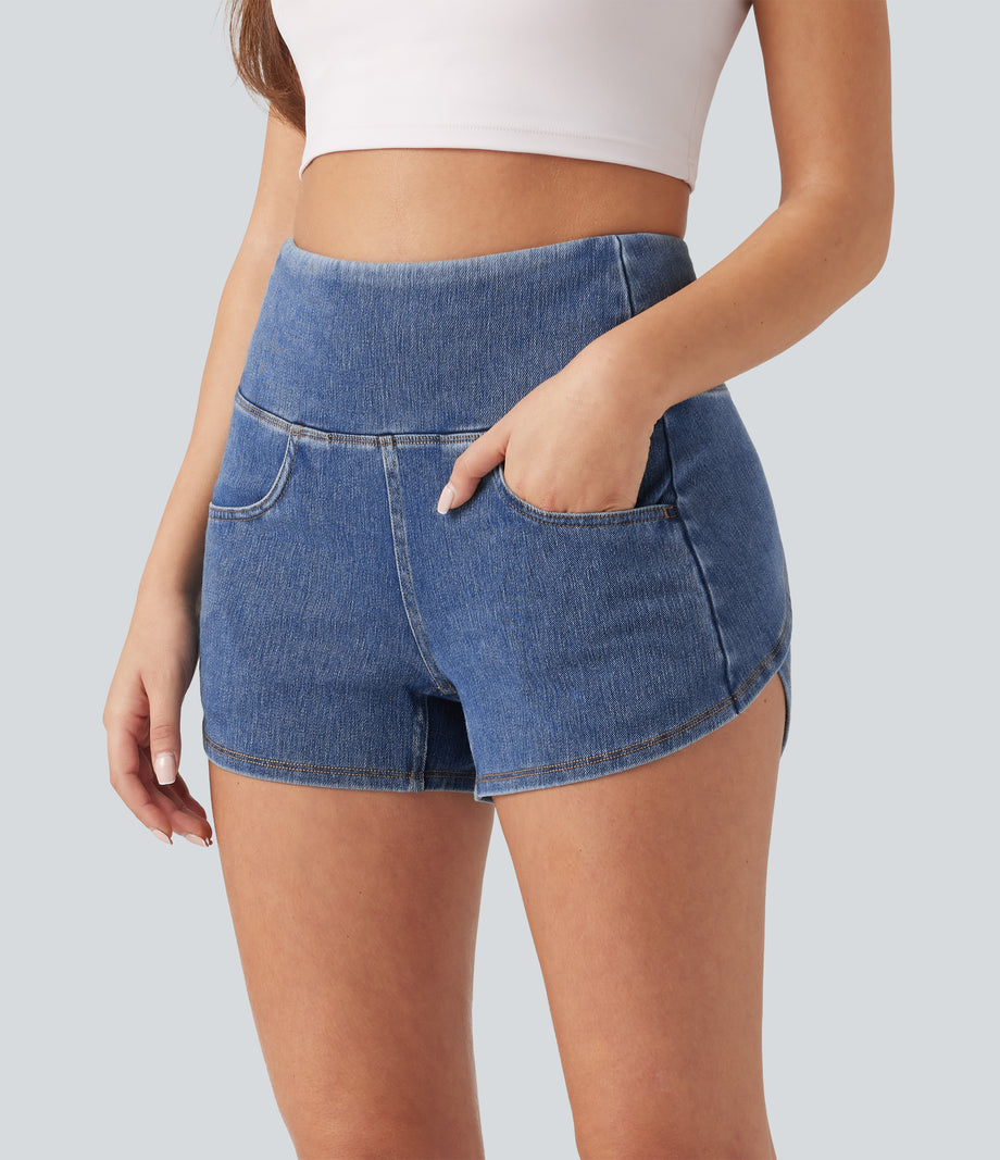 Halara Flex™ High Waisted Tummy Control Curved Hem Skinny Denim Casual Shorts with Pockets -  Blue Jasper Denim