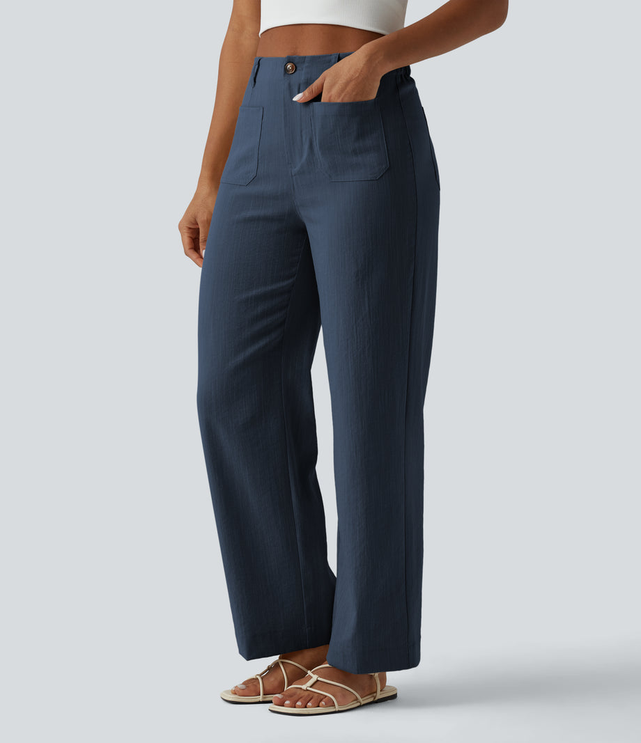 High Waisted Straight Leg Casual Linen-Feel Pants with Pockets - Deep Secluded Blue