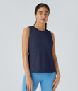 Cut Out Crossover Hem Solid Yoga Tank Top - Dark Blue