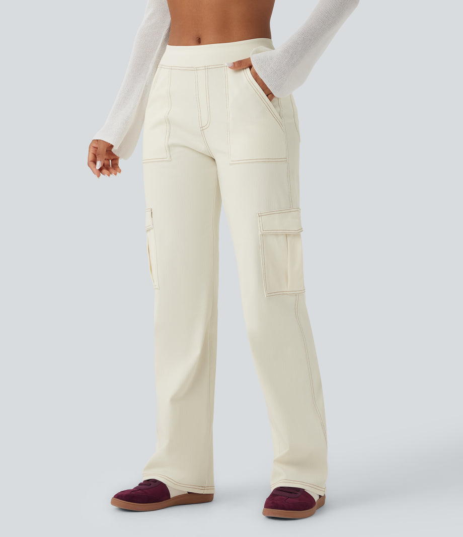 Halara Flex™ Mid Rise Pockets Straight Leg Casual Cargo Jeans - Ivory Denim