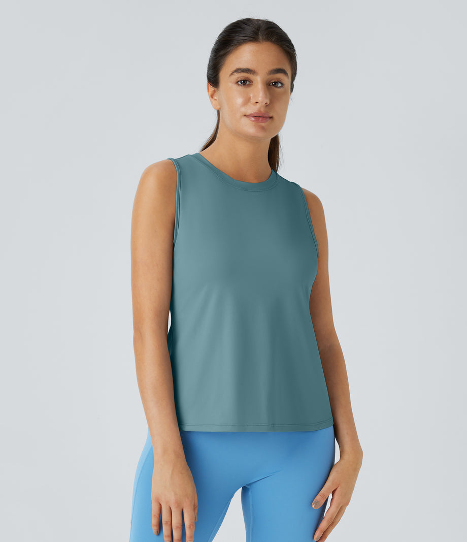 Cut Out Crossover Hem Solid Yoga Tank Top - Arctic