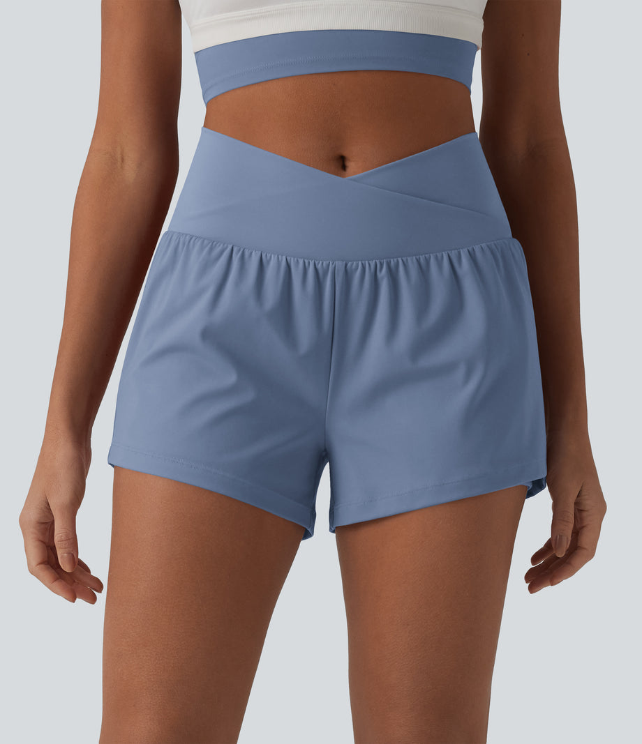SoftlyZero™ Airy Crossover High Waisted 2-in-1 Cool Touch Yoga Shorts 3'' with Pockets - Infinity
