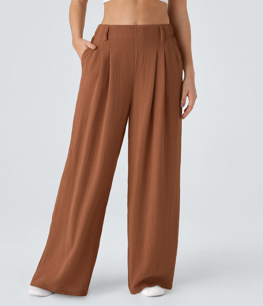 High Waisted Pocket Wide Leg Flowy Solid Palazzo Casual Linen-Feel Pants - Sierra