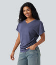 V-neck Short Sleeve Ruched Relaxed Casual Top - Gray Blue