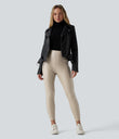 High Waisted Stretchy PU Fleece Casual Leggings with Pockets - French Oak