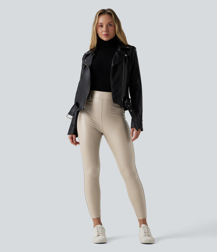High Waisted Stretchy PU Fleece Casual Leggings with Pockets - French Oak