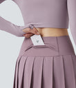 Breezeful™ High Waisted Pleated 2-in-1 Contrast Mesh Quick Dry Dance Stirrup Skirted Leggings with Pockets - Elderberry