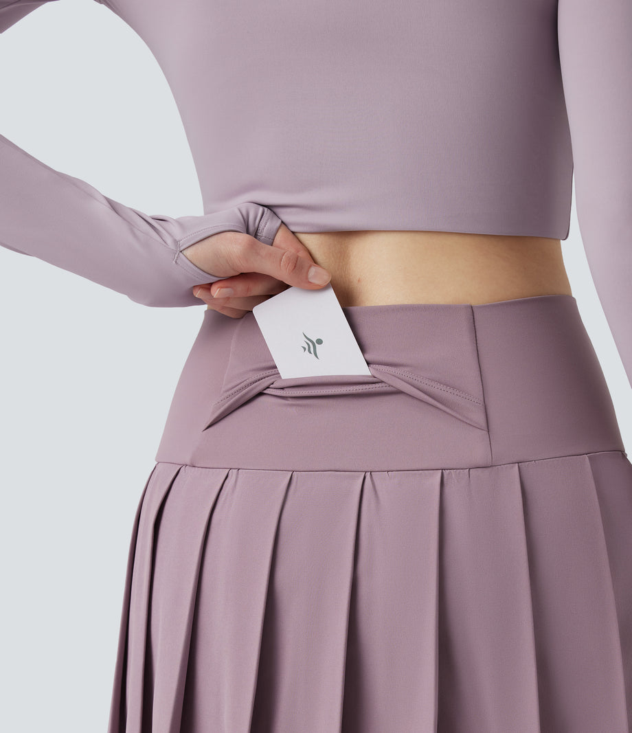 Breezeful™ High Waisted Pleated 2-in-1 Contrast Mesh Quick Dry Dance Stirrup Skirted Leggings with Pockets - Elderberry