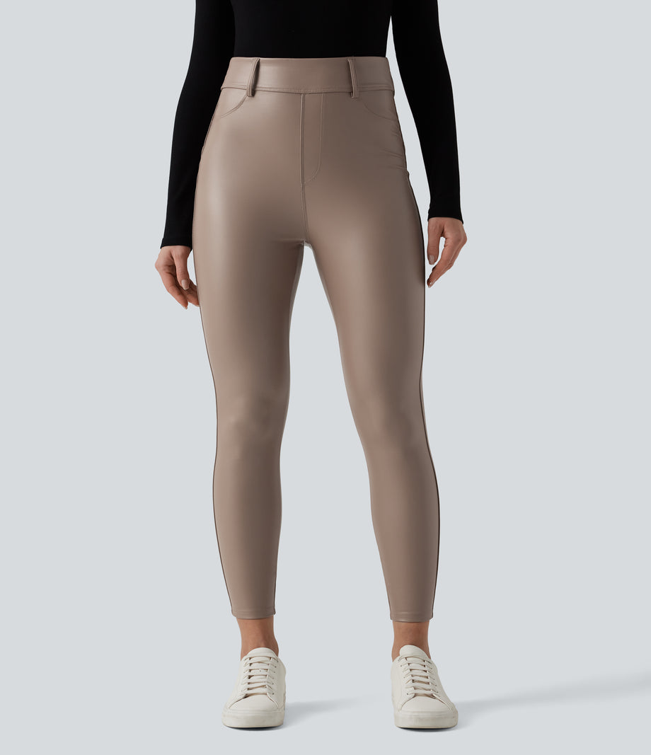 High Waisted Stretchy PU Fleece Casual Leggings with Pockets - Sinopia Fresco