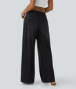 Halara Flex™ Low Rise Zipper Pockets Washed Baggy Wide Leg Casual Jeans - Deep Ink Black Denim