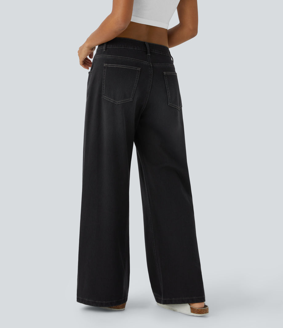 Halara Flex™ Low Rise Zipper Pockets Washed Baggy Wide Leg Casual Jeans - Deep Ink Black Denim