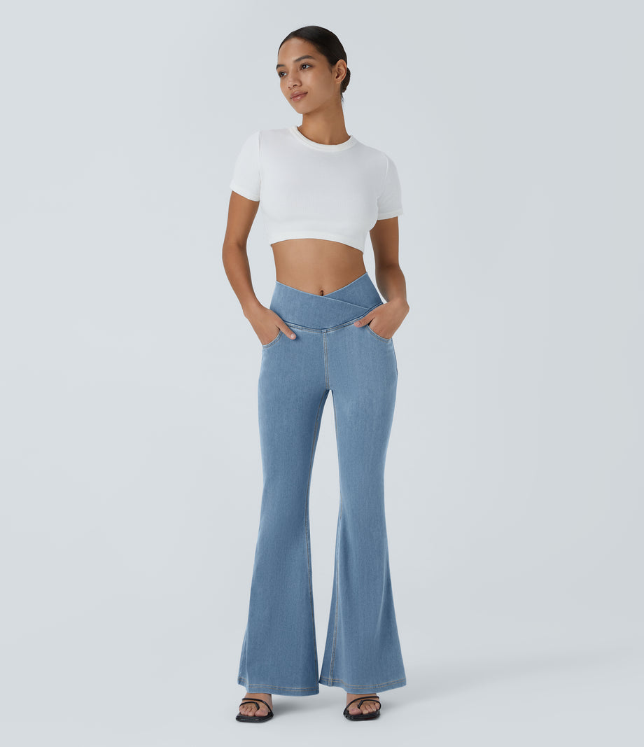 Halara Flex™ High Waisted Crossover Pocket Washed Casual Jeans - Washed Denim Sunny Blue