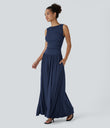 Ribbed Boat Neck Asymmetric Strap Ruched Pocket Flowy Maxi Casual Dress - Nightfall Blue