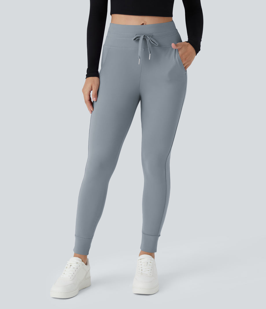 SoftlyZero™ Plush High Waisted Drawstring Pocket Plain Full Length Joggers - Tradewinds