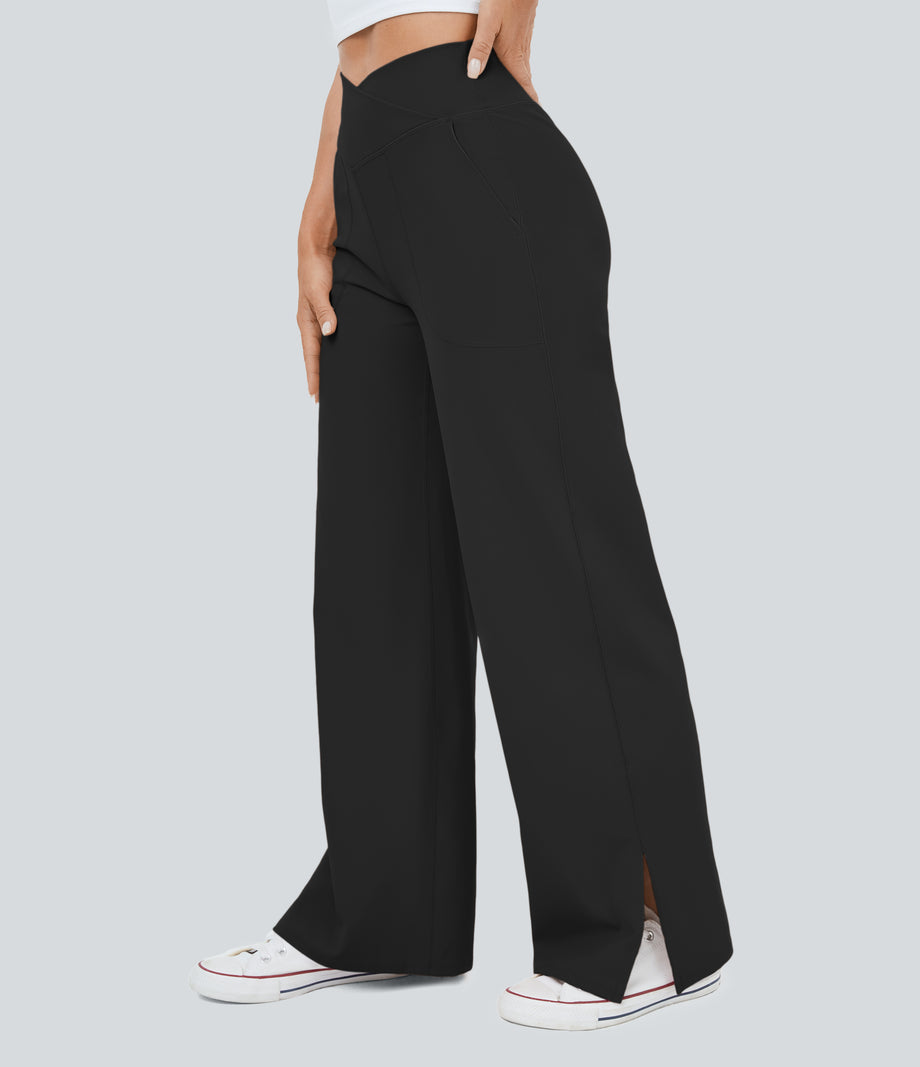 DayStretch Crossover Pocket Hem Wide Leg Yoga Pants-Smile - Black