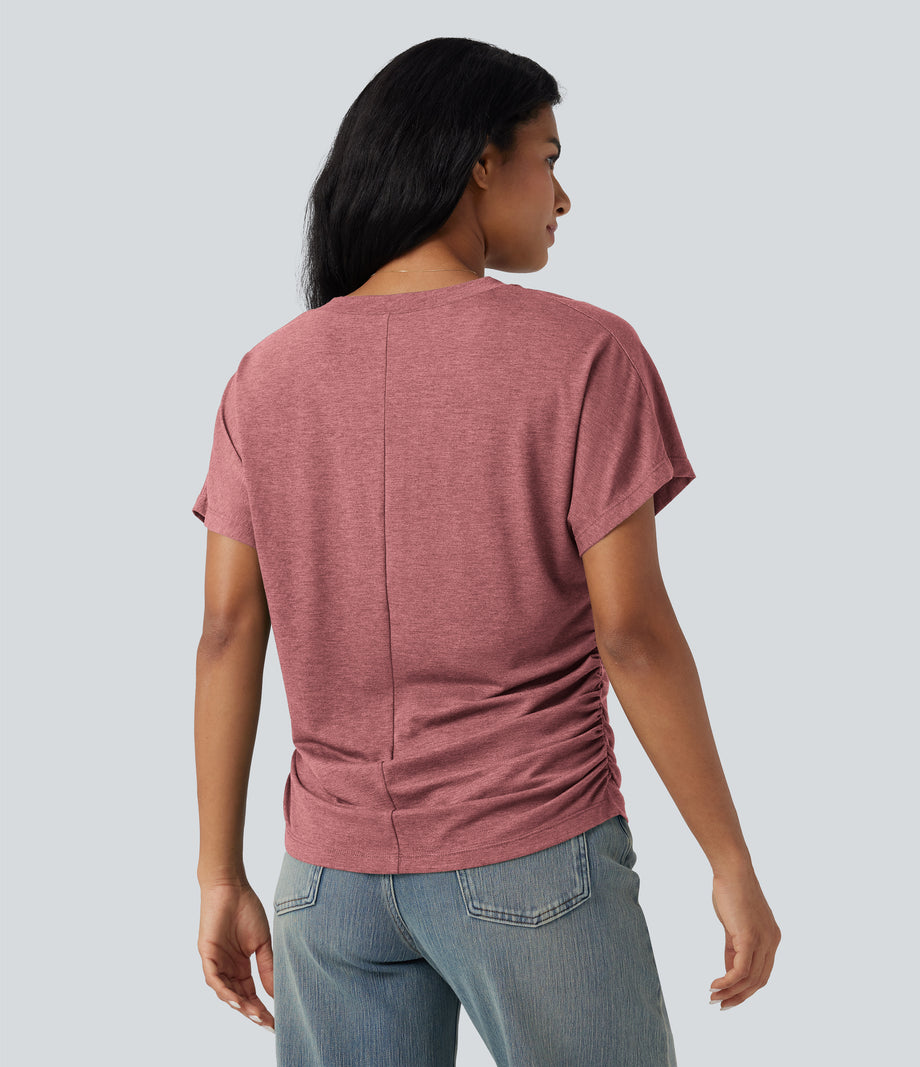 V-neck Short Sleeve Ruched Relaxed Casual Top - Brick Red Mix