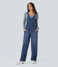 Halara Flex™ V Neck Pocket Washed Denim Casual Overalls - Frost Blue Denim