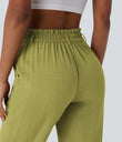 High Waisted Zipper Pocket Cropped Linen-Feel Pants - Moss