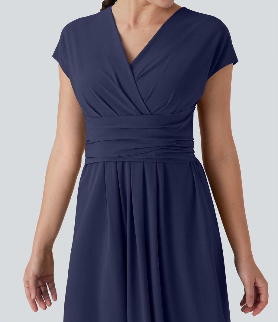 Breezeful™ V Neck Short Sleeve Pocket Tie Back Quick Dry Midi Casual Dress - Patriot Blue