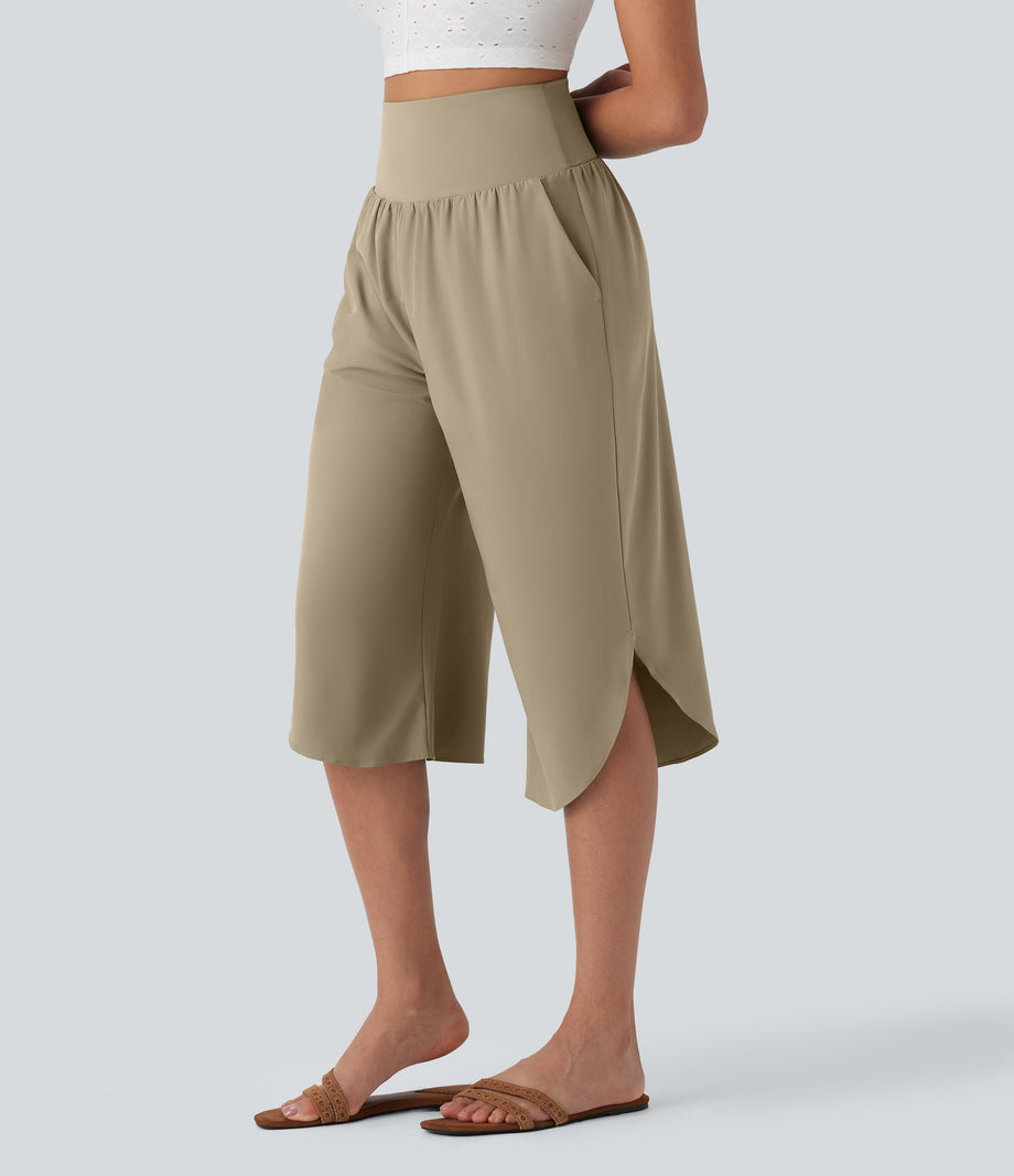 Breezeful™ High Waisted Tummy Control Hem Quick Dry Capri Pants with Pockets - Fields of Rye