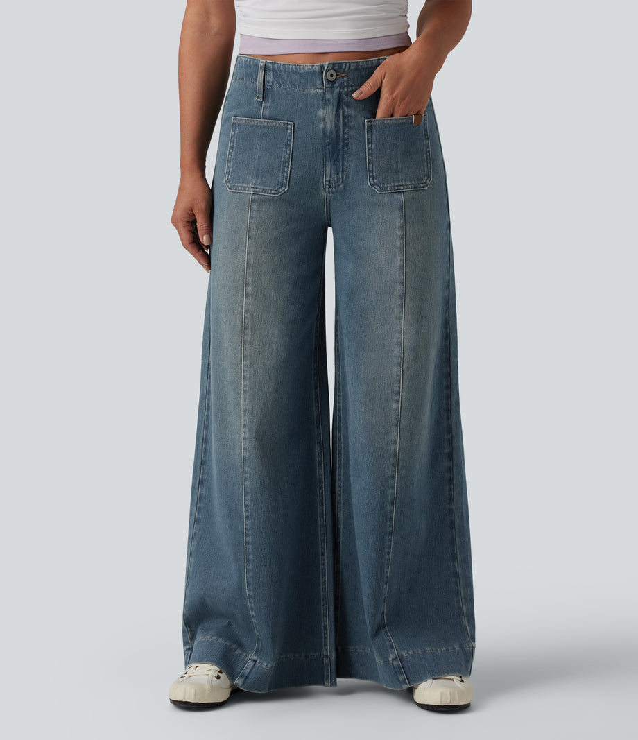 Halara Flex™ High Waisted Pockets Washed Casual Wide Leg Jeans - Blue Surf Denim