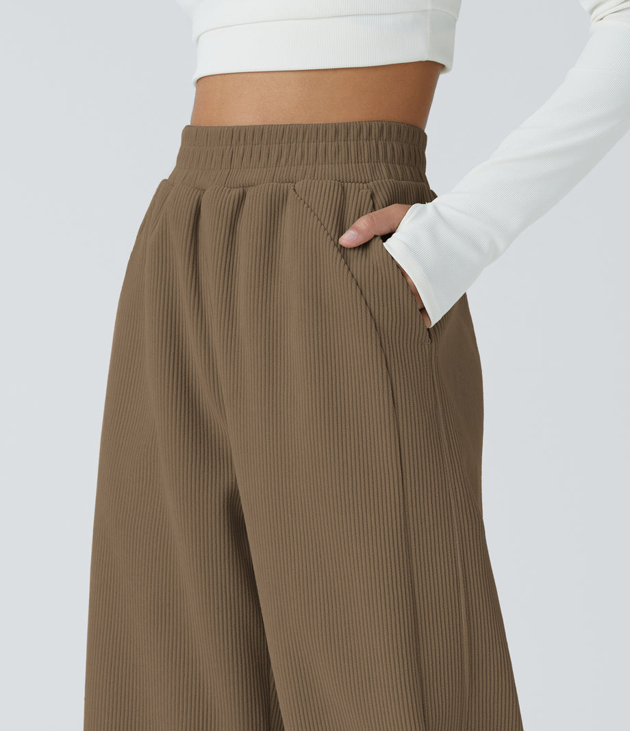 High Waisted Pocket Straight Leg Baggy Mop Corduroy Casual Pants - Chestnut Brown