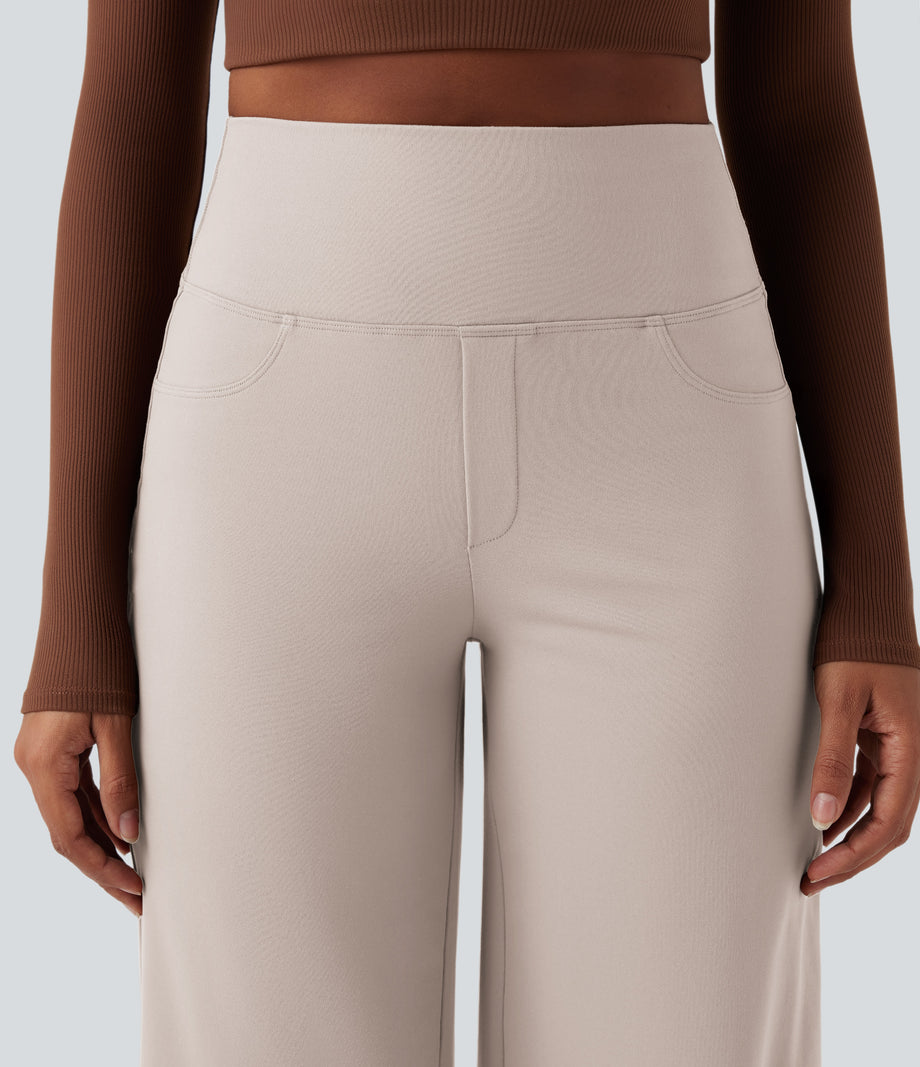 DayStretch High Waisted Tummy Control Wide Leg Baggy Yoga Pants with Pockets - Oat Milk
