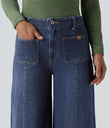 Halara Flex™ High Waisted Pockets Washed Casual Wide Leg Jeans - Estate Blue Denim