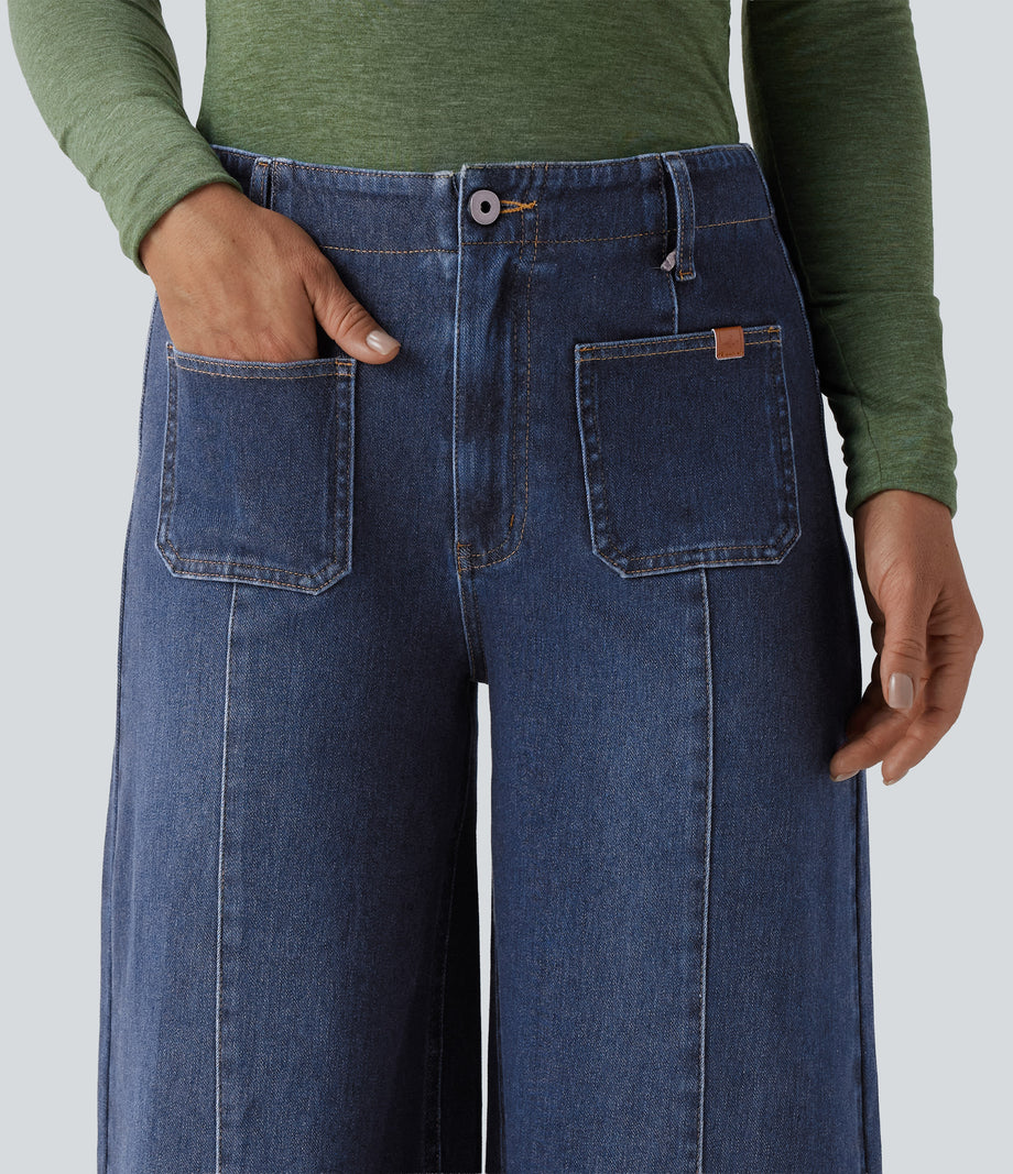 Halara Flex™ High Waisted Pockets Washed Casual Wide Leg Jeans - Estate Blue Denim