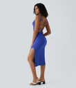 Ruched Lace Up Bodycon Midi Casual Dress - Aster Blue