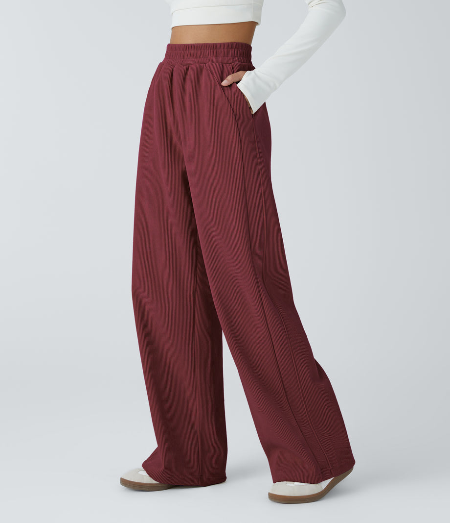 High Waisted Pocket Straight Leg Baggy Mop Corduroy Casual Pants - Burnt Russet