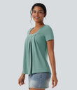 Square Neck Short Sleeve Casual Top - Azure