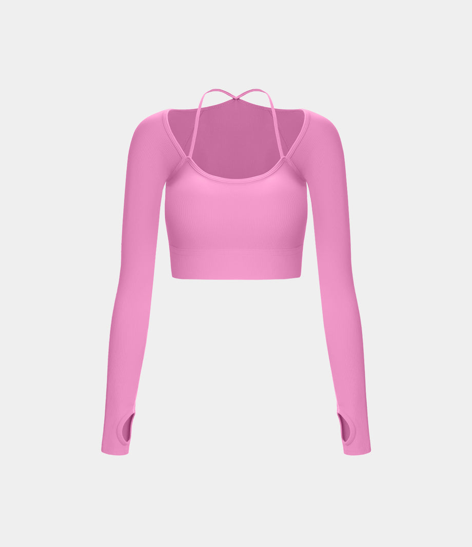 Ribbed Halter Strap Thumb Hole Cropped Yoga Sports Top - Soft Light Purple