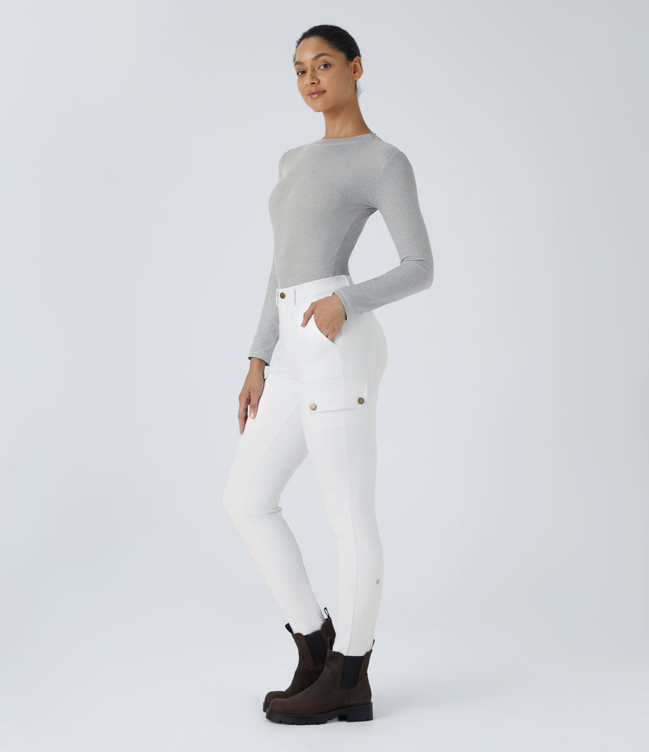 DayStretch High Waisted Zipper Pockets Solid Skinny Cargo Pants - White