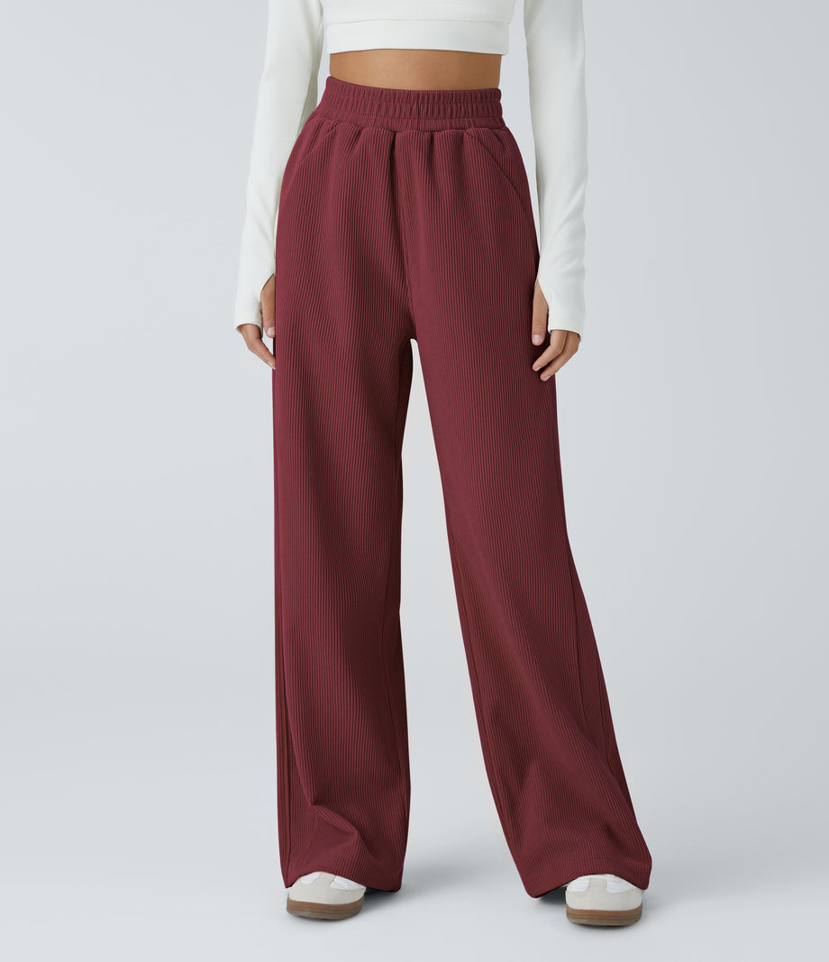 High Waisted Pocket Straight Leg Baggy Mop Corduroy Casual Pants - Burnt Russet