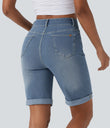 Halara Flex™ High Waisted Pockets Rolled Hem Washed Denim Casual Bermuda Shorts - Blue Spruce Denim